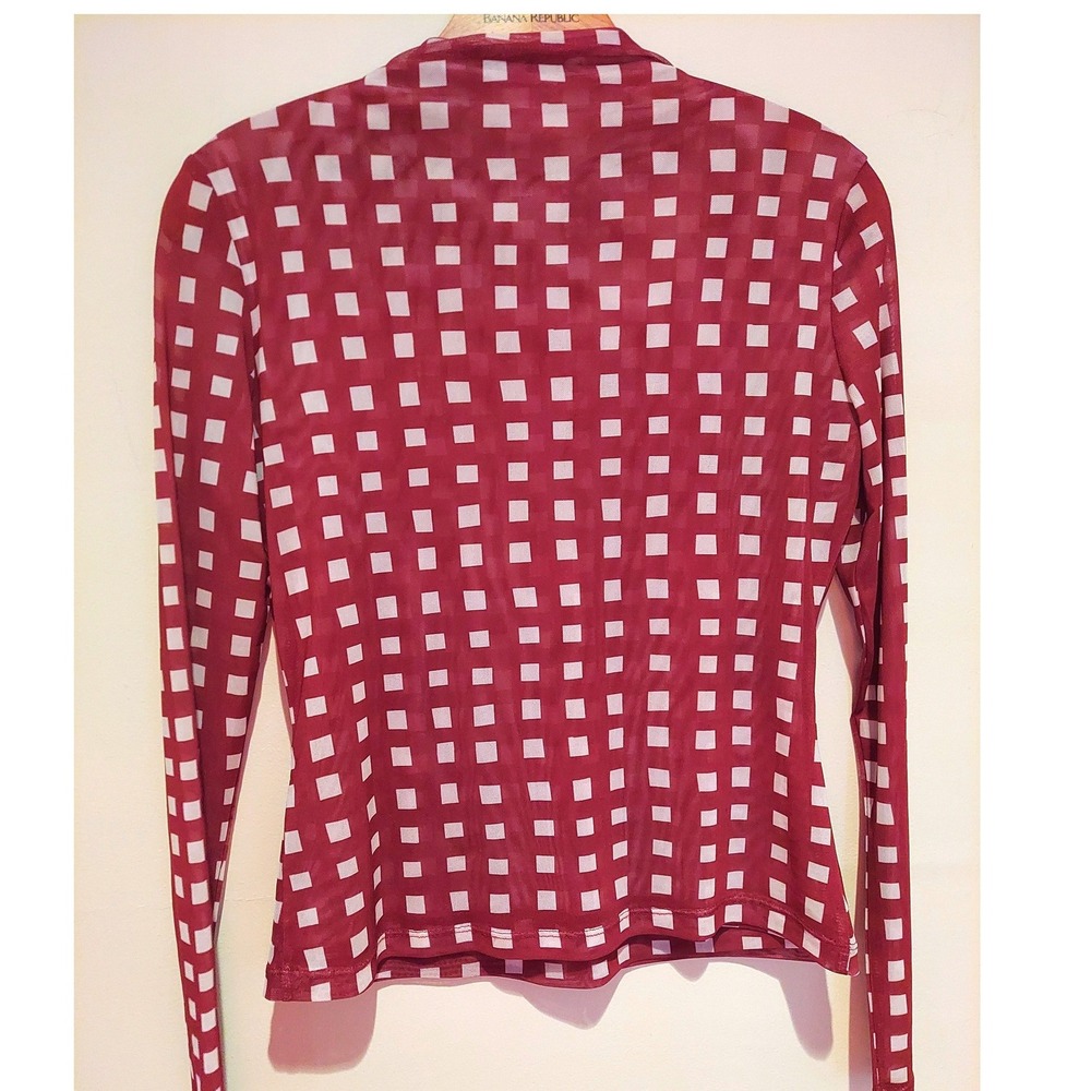 Find Me Now Chic Red Checkered Mesh Cutout Mock Neck Long Sleeve Y2KTop Small - Picture 3 of 5